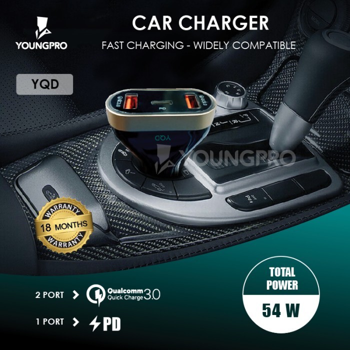 YOUNGPRO Car Charger Quick Charger QC 3.0 1 Port Power Delivery charger mobil cepet penuh