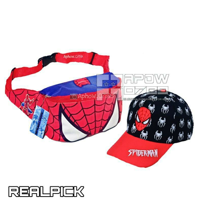 Paket 2in1 tas selempang waistbag anak Spiderman + topi baseball bordir Spiderman ( REAL PICT )