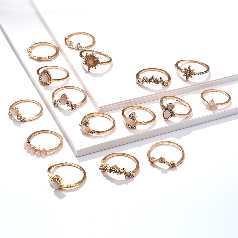 16pcs / Set Cincin Berlian Bentuk Mahkota Tetesan Air Gaya Bohemia Untuk Wanita