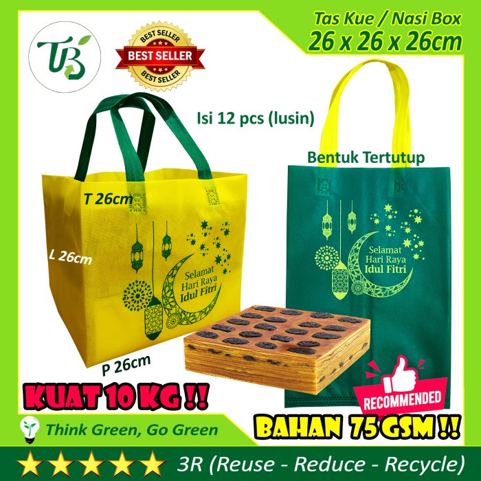 

✨ BISA COD ✨ Tas Kue IDUL FITRI 26x26x26cm Box Cake Spunbond Lebaran non paper bag - Hijau Stabilo