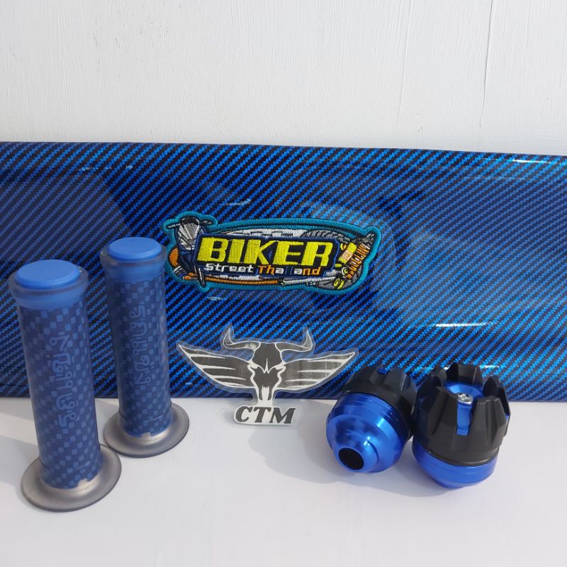 [PAKET BIRU] Sarung Kulit Jok Biker Karbon / Grip Karbon / Jalu As Roda Depan - BLUE