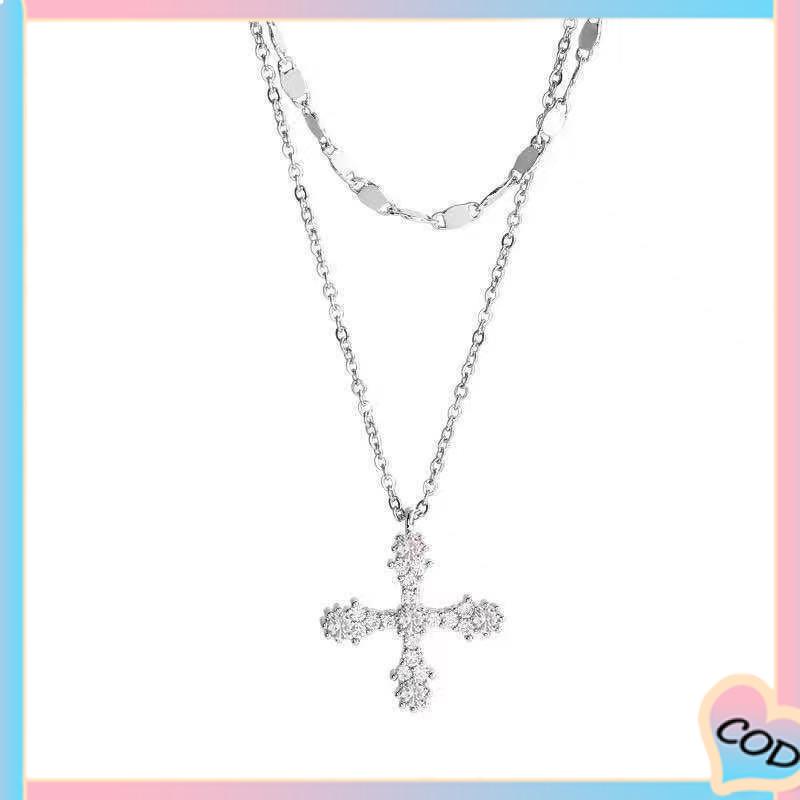 COD❤️ Hip Hop Cross Double Layer Necklace Feminin Fashion Micro Inlaid Zircon Pendant-A.one