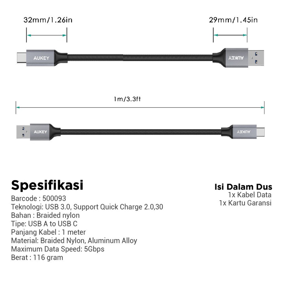 Aukey Cable CB-CD2 1M Braided USB 3.0 A to USB C - 500093