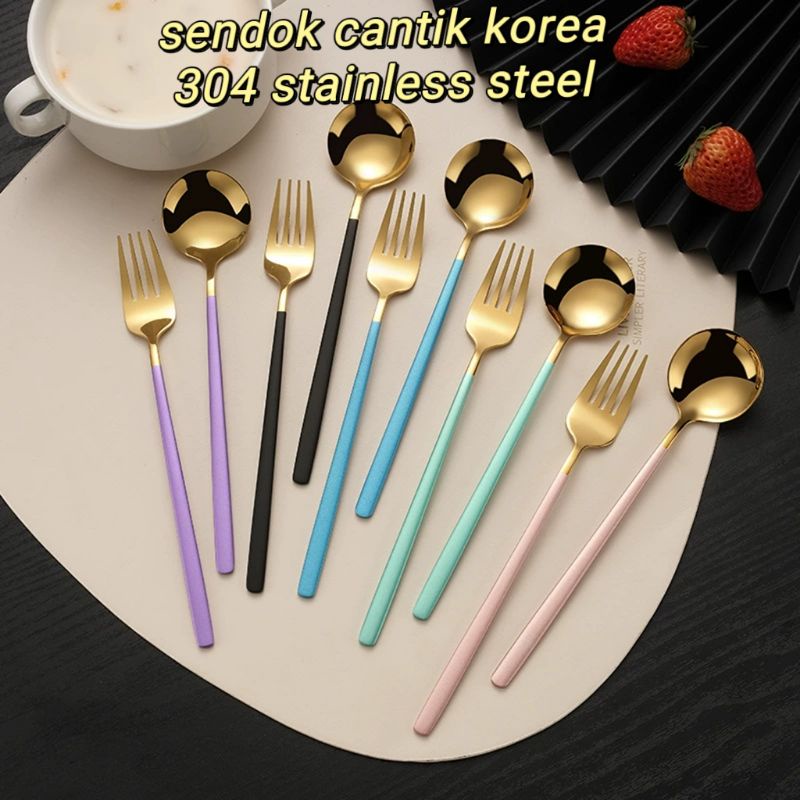 ( 1pcs ) Sendok makan gold / sendok makan emas / garpu gold / garpu makan korea / Set Alat Makan Korea Stainless Steel Tebal - Alat Set Makan Sendok Korea Cantik Mewah Stainless Garpu Sumpit Sendok Anti Karat /sendok sultan / sendok garpu Korea warna