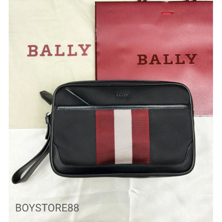 Original Tas Bally Men Caliros Clutch Bag Black Stripes Authentic