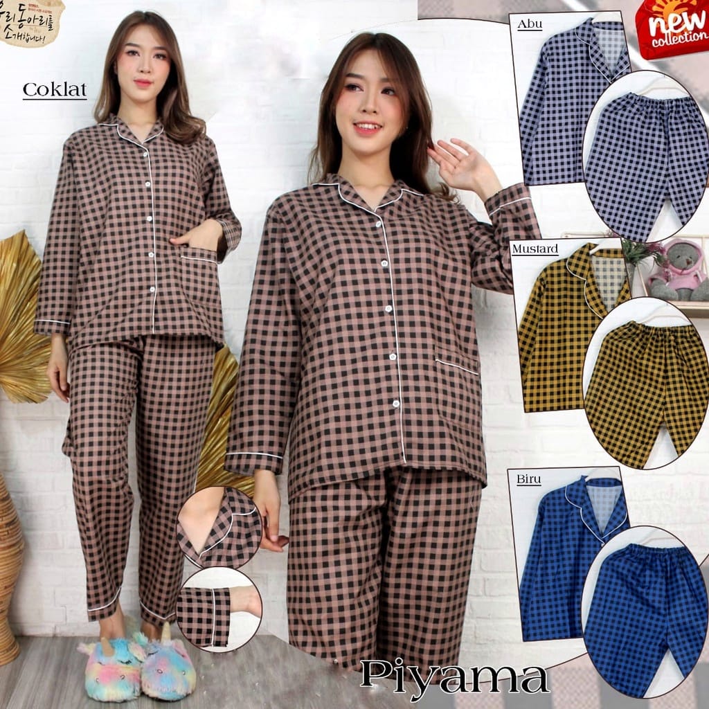 BJ - Piyama PP Wanita kotak / Baju tidur lengan panjang Katun Premium-1