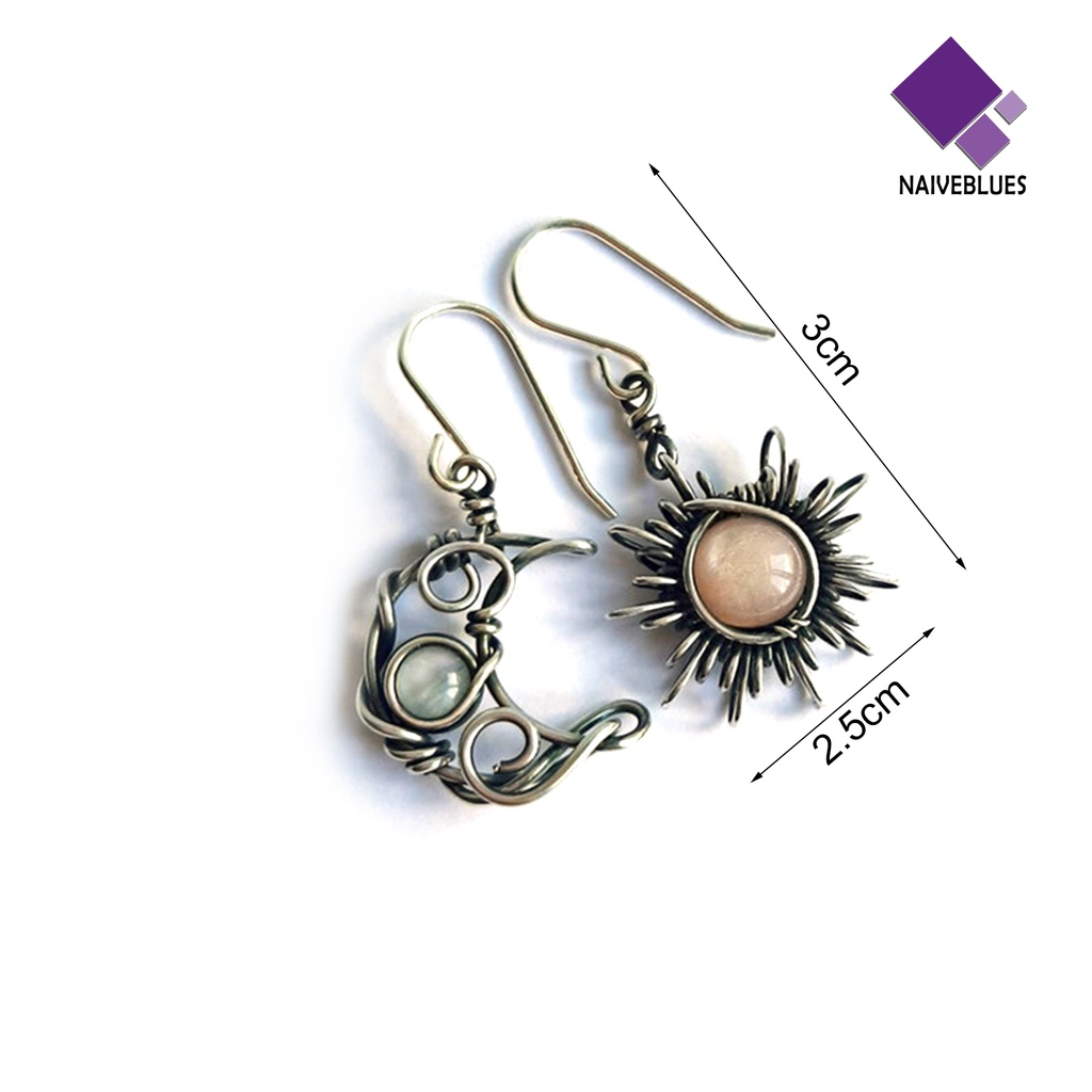 Anting Kait Gantung Wanita Desain Matahari + Bulan Sabit Asimetris Gaya Boho Untuk Pesta