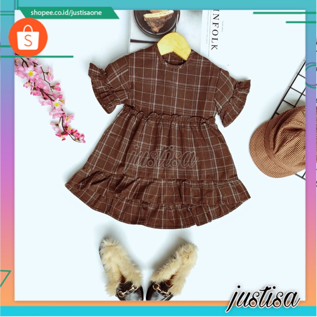 Promo !! Dress anak perempuan / dress full brown wrinkle tartan ukuran 1-3tahun / Dress simple anak import