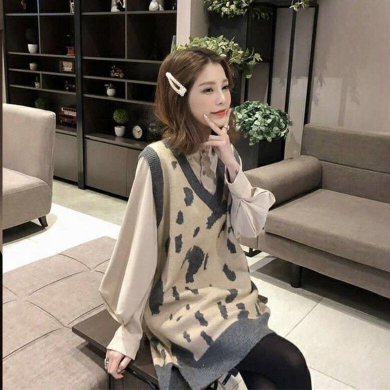 IMPORT WOMAN KNIT LONG VEST LEOPARD WINTER AUTUMN OUTFIT ROMPI RAJUT WANITA PANJANG MUSIM DINGIN