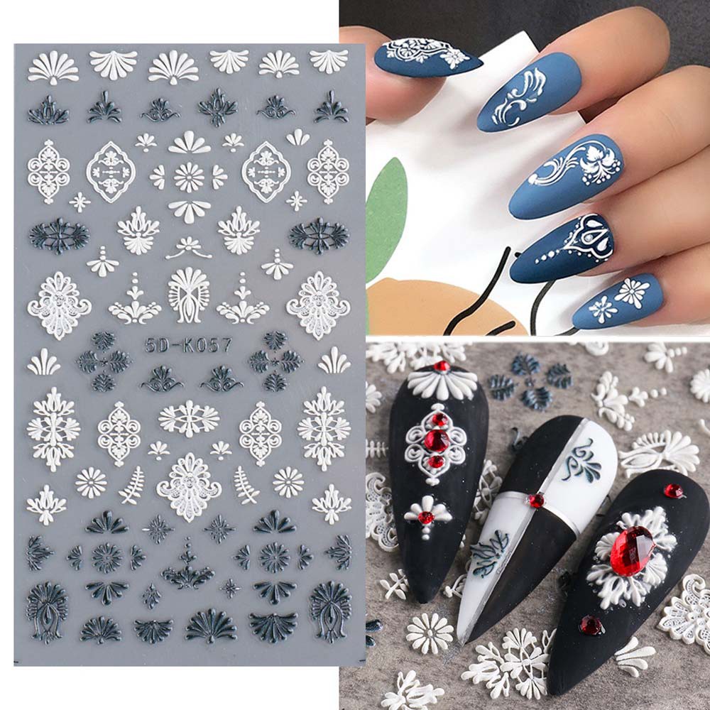 MXBEAUTY Black And White 5D Engraved Nail Sticker White Embossed Flower DIY Nail Art Design Nail Art Decoration Hollow Three-dimensional Lace Flower Design Sliders Decals Manicure Accessories