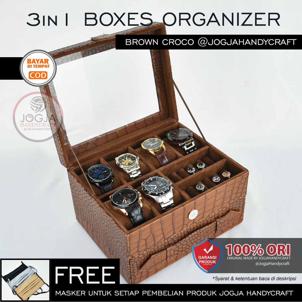 Premium Brown croco - Box Kotak Jam Tangan Jumbo isi 6 mix Tempat Perhiasan Susun