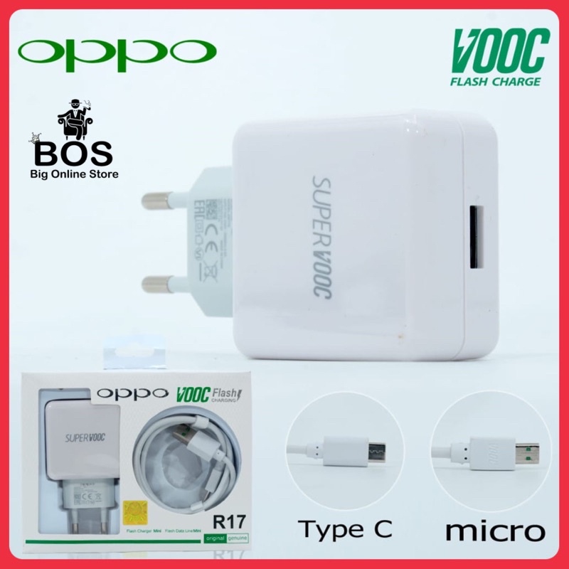 BOS - Charger Oppo R17 Micro Usb/Type C Fast Charging | Cas Casan TC SUPER VOOC Oppo F9 F7 F5 F1S F1plus F3plus A7