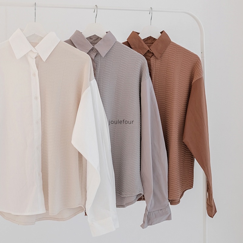 Ody Knit Shirt—kemeja two tone oversize wanita—kemeja katun poplin knit lengan panjang oversized—kem