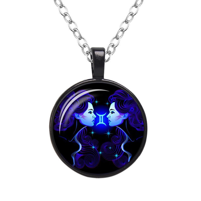 Kalung Rantai Liontin 12 Zodiak Libra Aries Leo Glass Untuk Pria Dan Wanita