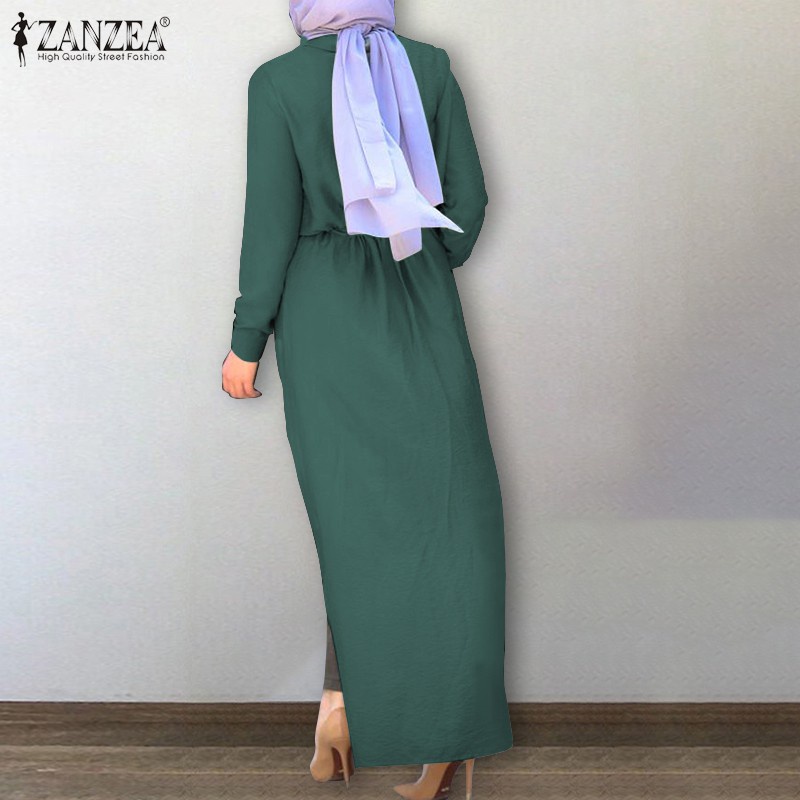 ZANZEA Women Long Sleeve Elastic waist Turn-Down-Collar Muslim Long Dress