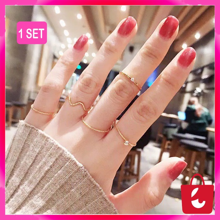 [5 Set] Cincin Berlian Mutiara Set Korea Mutiara Berlian Cincin Pribadi Set Cincin Jari Telunjuk Cincin Berlian Mutiara / Versi Korea Gelombang Baru Berlian Cincin Pribadi