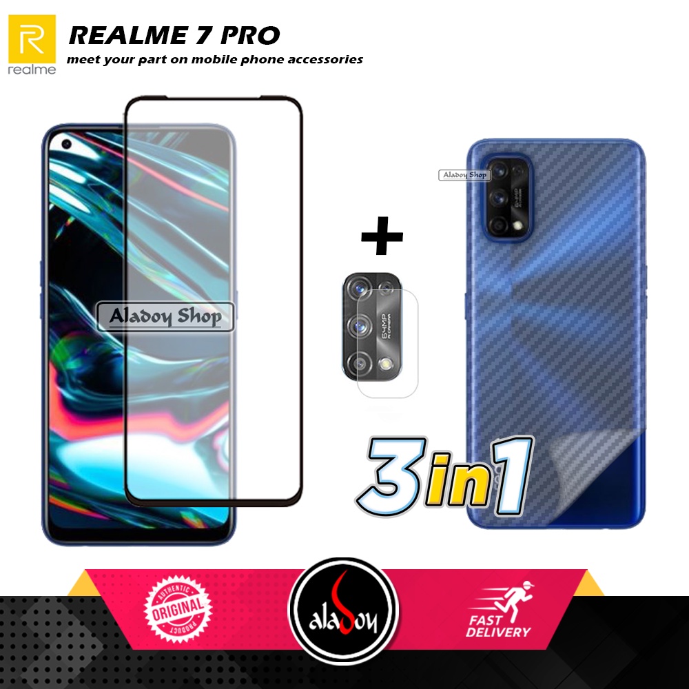 PAKET 3 IN 1 Tempered Glass Layar Realme 7 Pro Free Tempered Glass Camera dan Skin Carbon