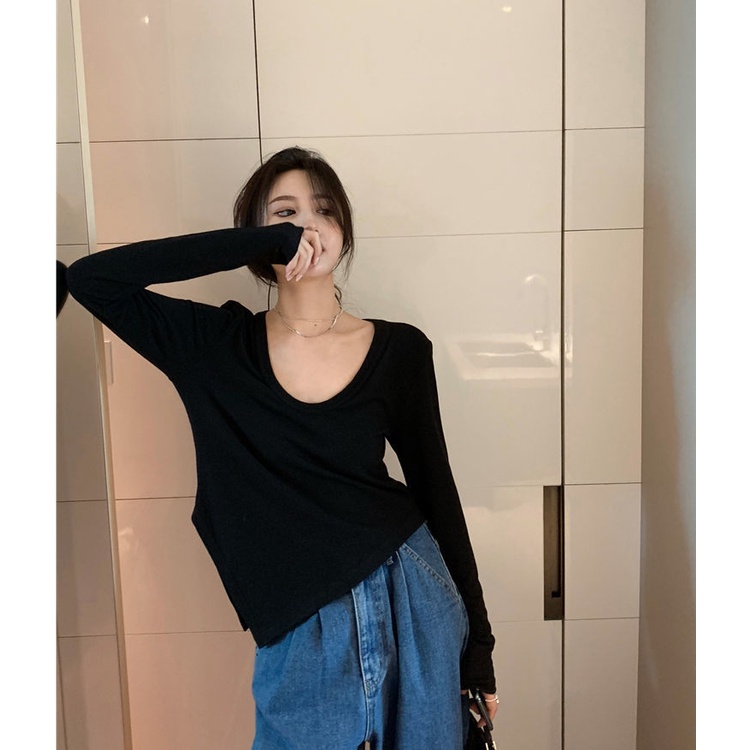 Korean Basic Crop Top U-Neck Atasan Wanita Lengan Panjang 2209 (S-XL)