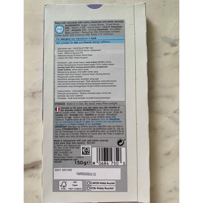 

TERLARIS M&S MARKS & SPENCER SWISS EXTRA FINE DARK/ HAZELNUTS/ MILK CHOCOLATE - MILK FRUIT NUT