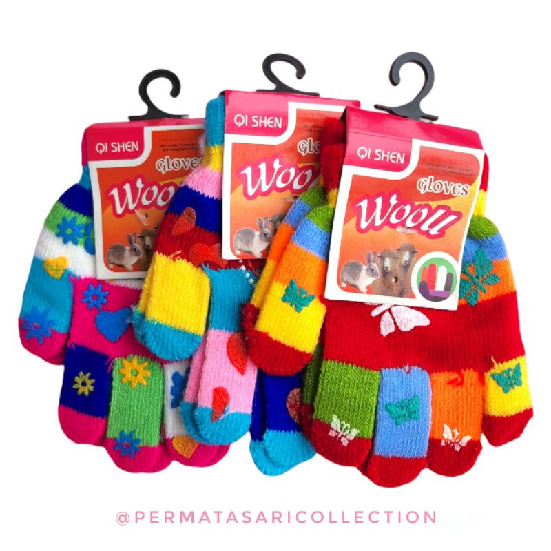 Sarung Tangan Wanita Perempuan Anak Bayi Balita Motif Warna Rajut Woll Gloves Cuaca Dingin Ukuran Standar Import Wol Girly Bunga Flower