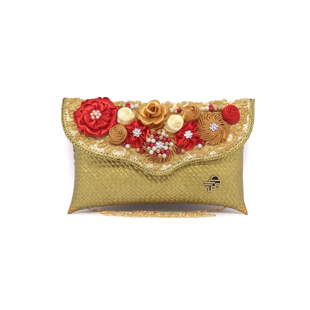 Putra Sukapura Clutch Pesta Anyaman Pandan Eksklusif Gold Rose Dompet Wanita