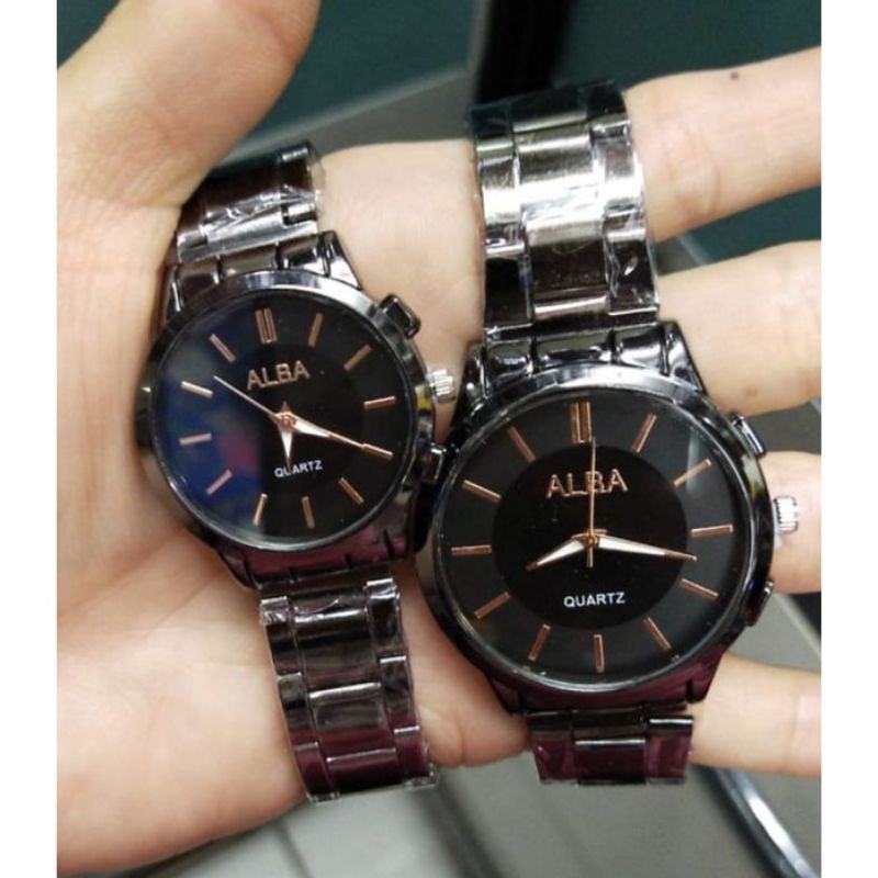 (Grosir)Jam Tangan Couple Alba ll Full Black Strap Rantai/Stell(Terima Cod)