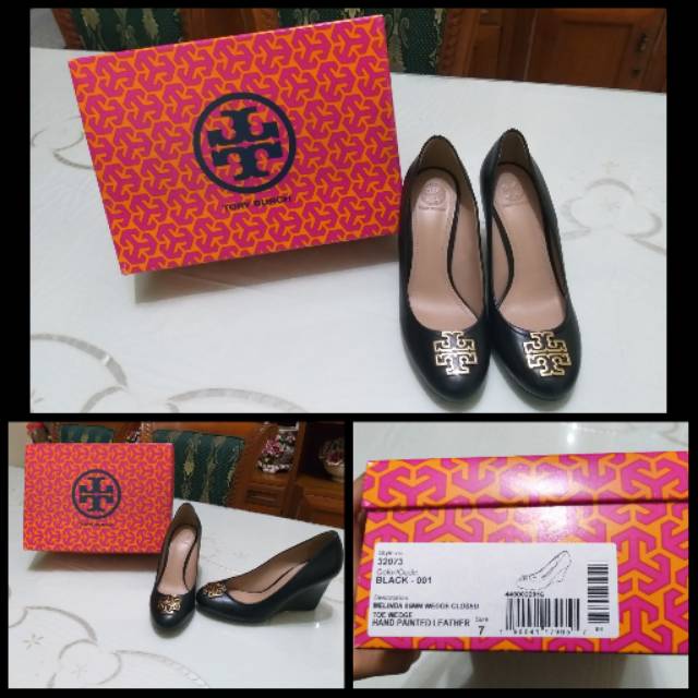 Tory burch wedges leather hitam black sepatu kerja kantor modis original ori