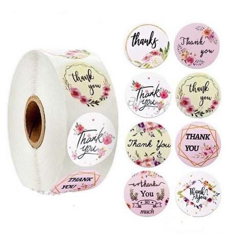 Paper Tags - 1&quot; Floral Round &quot;Thank You&quot; Sticker #04 (10 Pcs)