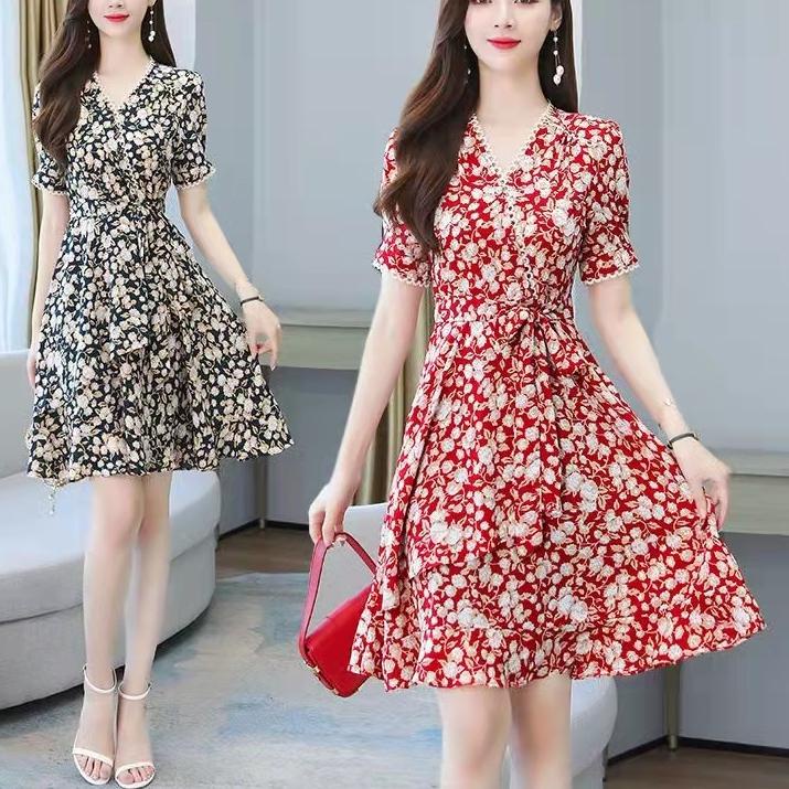 SALEE.. dress bunga/dress bunga korea/2022 baru gaun sifon bunga kecil V-neck seksi mid-length
