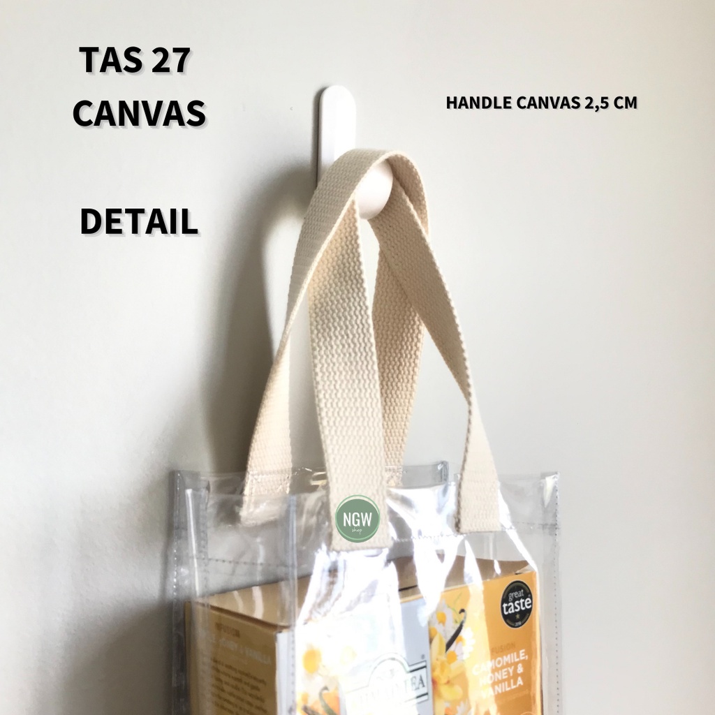 Tas mika PVC hampers handle canvas 14 x 9 x 27 goodie bag event premium