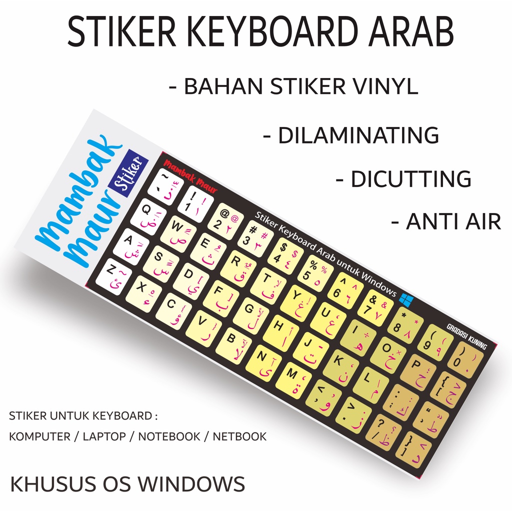 STIKER KEYBOARD ARAB WARNA BAHAN VINYL SUDAH DICUTTING DAN DILAMINATING - WARNA KUNING GRADASI