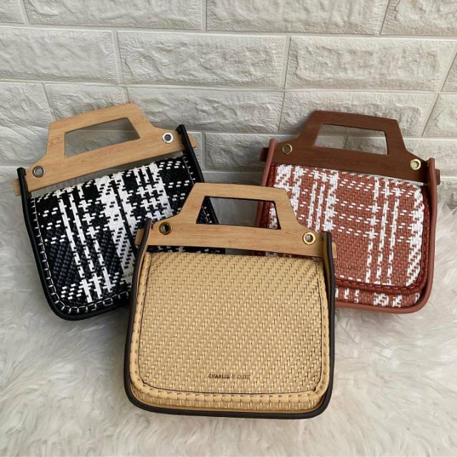 CHARLES AND KEITH WOVEN WOOD-EFFECT TOP HANDLE BAG / TAS WANITA