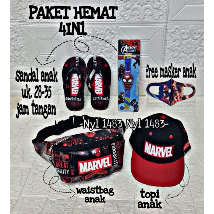 Real pict | Paket hemat 4in1 tas waistbag anak karakter superhero / free topi/ sandal/ jam tanga / masker