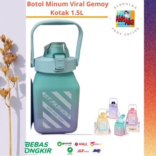 Botol Minum Gemoy Kotak Gradasi Viral 1.5 Liter Free Stiker