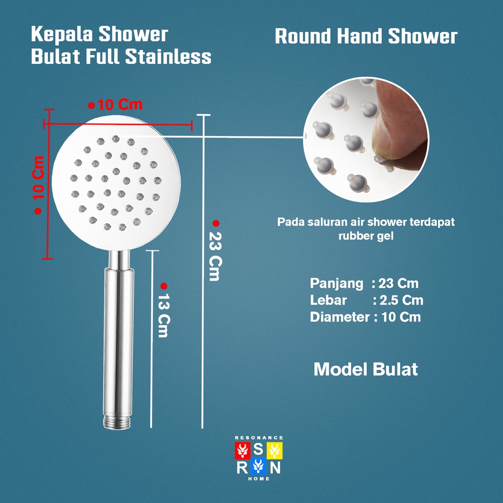 Kepala Hand Shower Mandi Universal Full Stainless SUS 304 Model Bulat Resonance Home