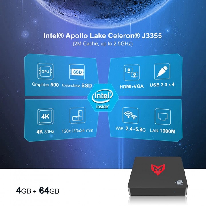 MII-V Mini PC - Intel Apollo Lake J3355 RAM 4GB ROM 64GB - VGA - HDMI