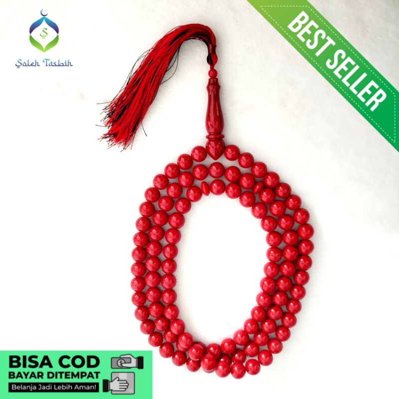 Tasbih Red Coral Marjan Merah Asli, Size 12mm Motif Kepala Panjang!! Tasbih 99 Butir