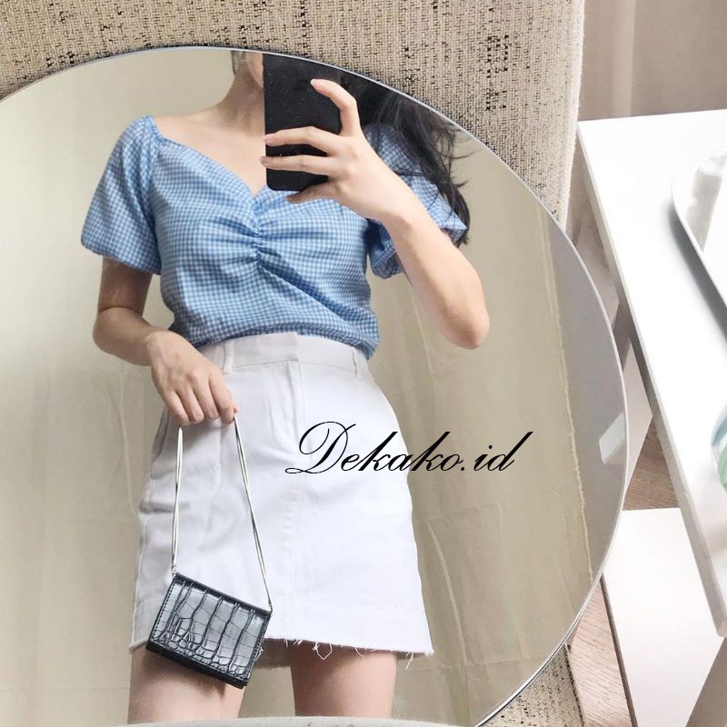 Big Size LUCY Sabrina/ Baju Atasan Sabrina Wanita Korean Crop Top Blouse Lilac Kerut/Serut Jumbo