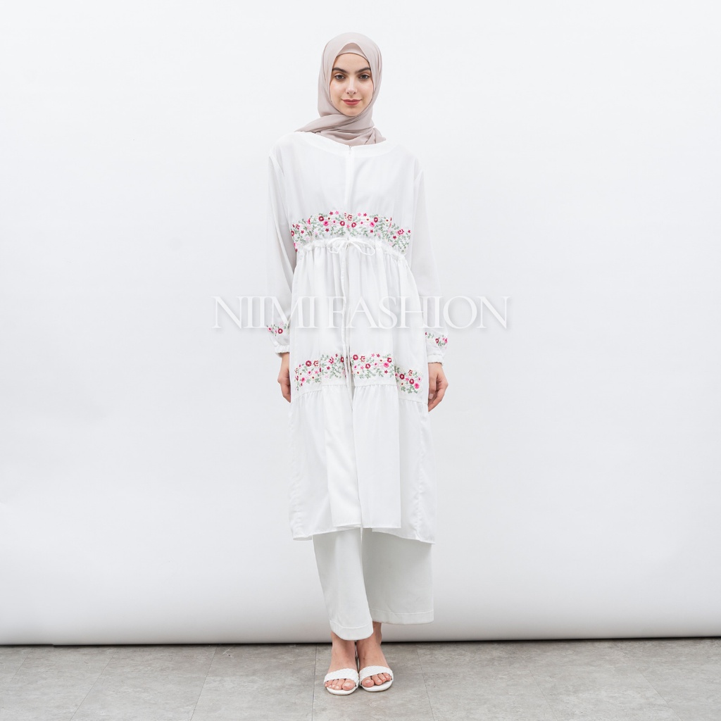 NIMI - Namira Dres Midi Dress Putih Bordir Tunik Putih Premium