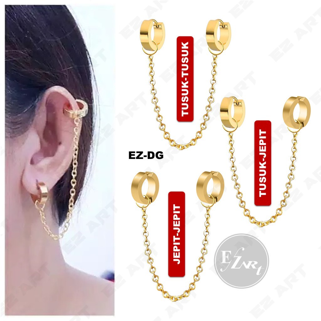 1Pc Model EZ-DG Emas Gold Anting Double Ganda utk Pria dan Wanita Jepit Tusuk Sambung Rantai