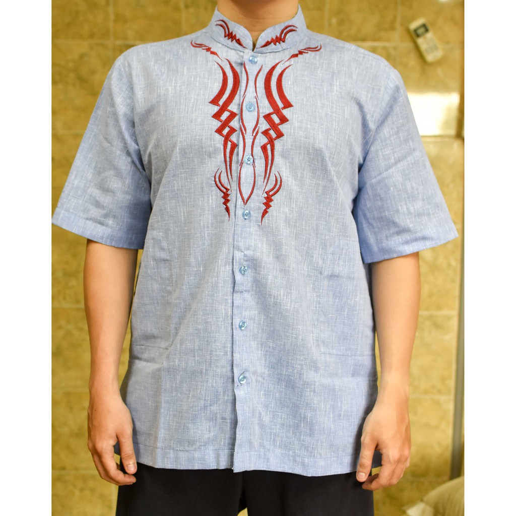 Baju Koko Pria Biru Muda Bermotif Lengan Pendek - 014