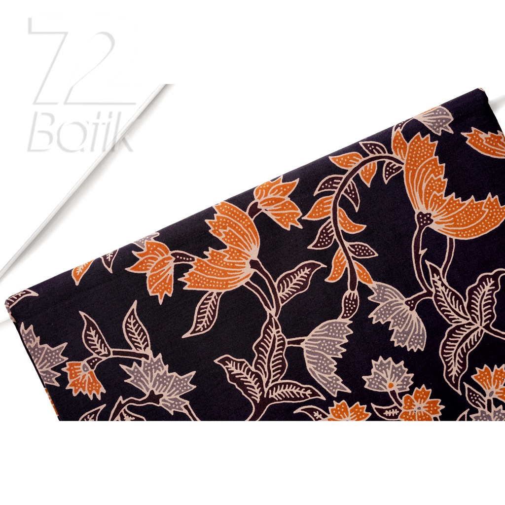 KAIN BATIK KATUN Premium Motif Kembang Warna Hitam Orange Oranye 724879 Cap 72 Jarik Jarit Samping Kebat Panjang Batik Katun Modern Premium Bahan Seragam Batik Pernikahan Kantor Keluarga Murah Kamen Jadi Batik Bali Lembaran