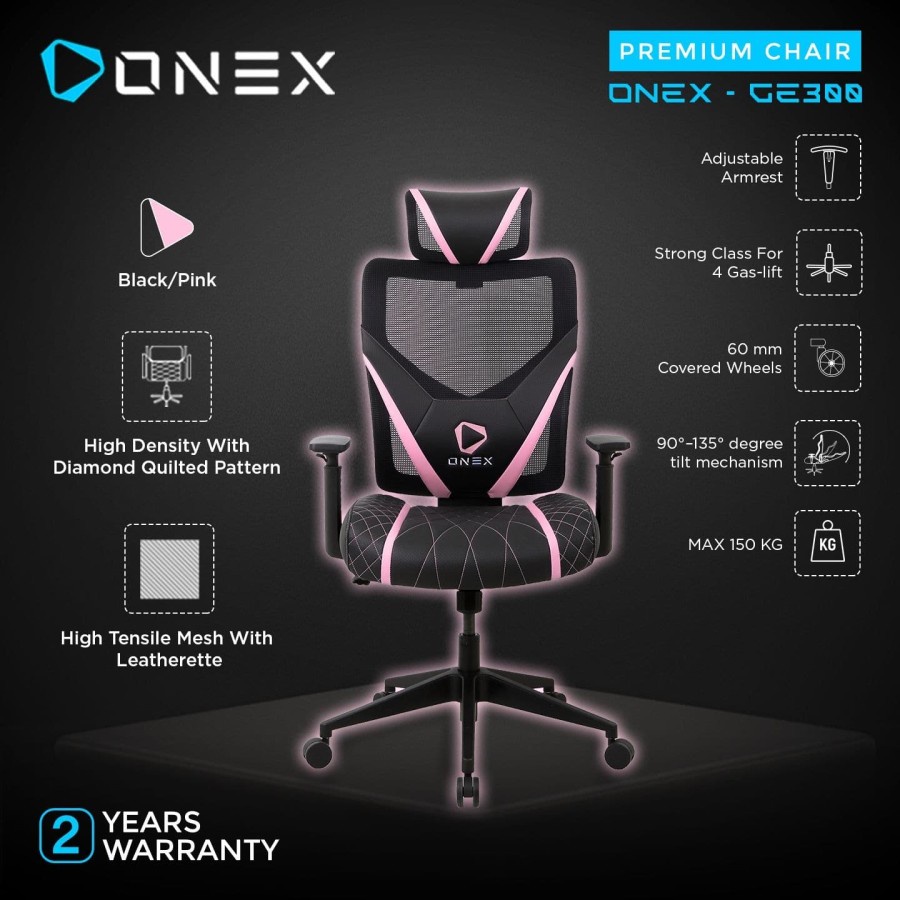 Kursi Gaming ONEX GE300 Premium Quality Mesh Gaming Chair - Pink