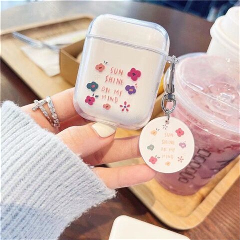 Case Bening AirPods 1 2 i12 Casing Pelindung Earphone Transparan Motif Bunga Gantungan Kunci