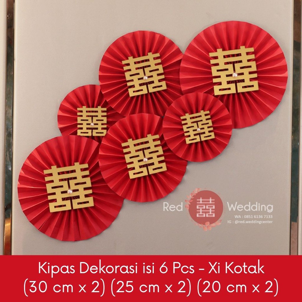 Set Dekor Paperfan Dekorasi Wedding Sangjit bentuk kipas dengan tulisan Shuang Xi untuk dekor Rumah / Kamar