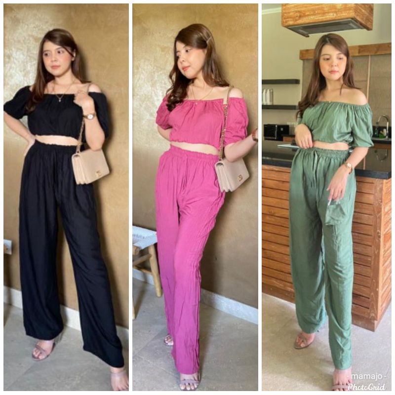 MF ONE SET SABRINA CROP / PIYAMA BAJU TIDUR POLOS RAYON CELANA KULOT