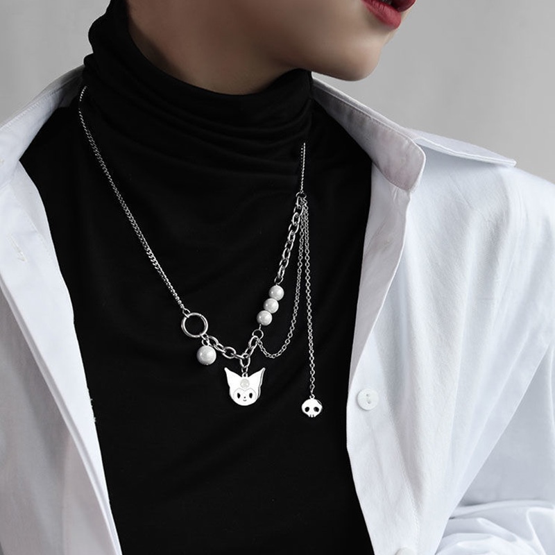 COD❤Kalung Kulomi Cat Reflektif Mutiara Mosaik Kalung Ringan Mewah Rantai Leher Multi-layer