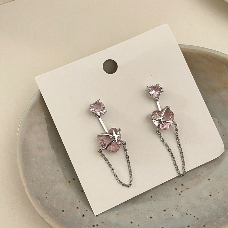 Anting Bentuk Hati Dan Bintang Aksen Zirkon Warna Pink Untuk Aksesoris