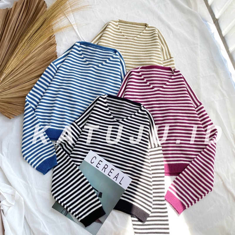 SWEATER CROP RAJUT MOTIF GARIS STRIPPY BAHAN TEBAH PREMIUM MODEL PENDEK