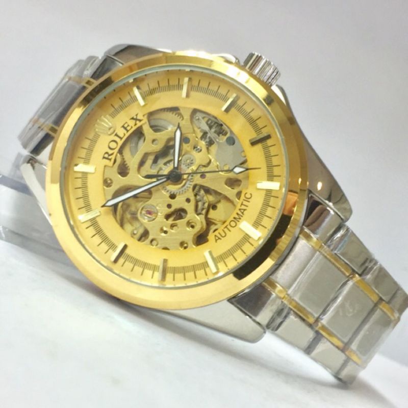 Jam Tangan Pria Otomatis Skeleton Rolex Big Chain Rantai Kombinasi Gold